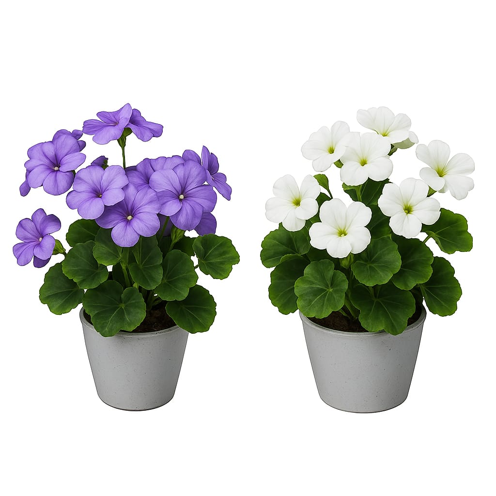 Искусственные белые и фиолетовые герани в горшках