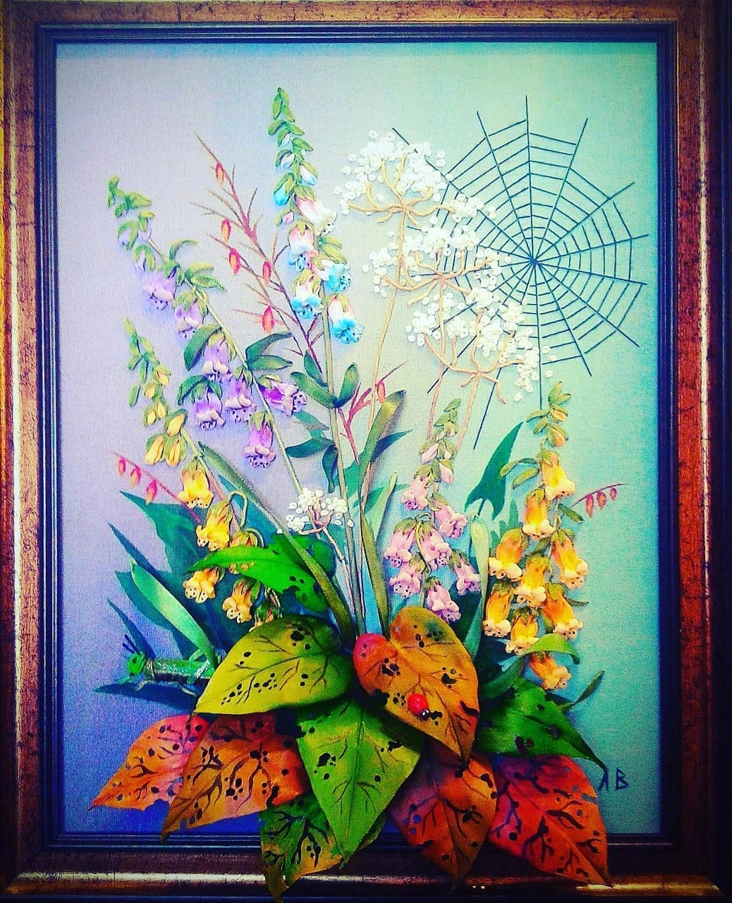 Wildflowers & Spider Web — Framed Ribbon Embroidery by Vladimir Lushnikoof
