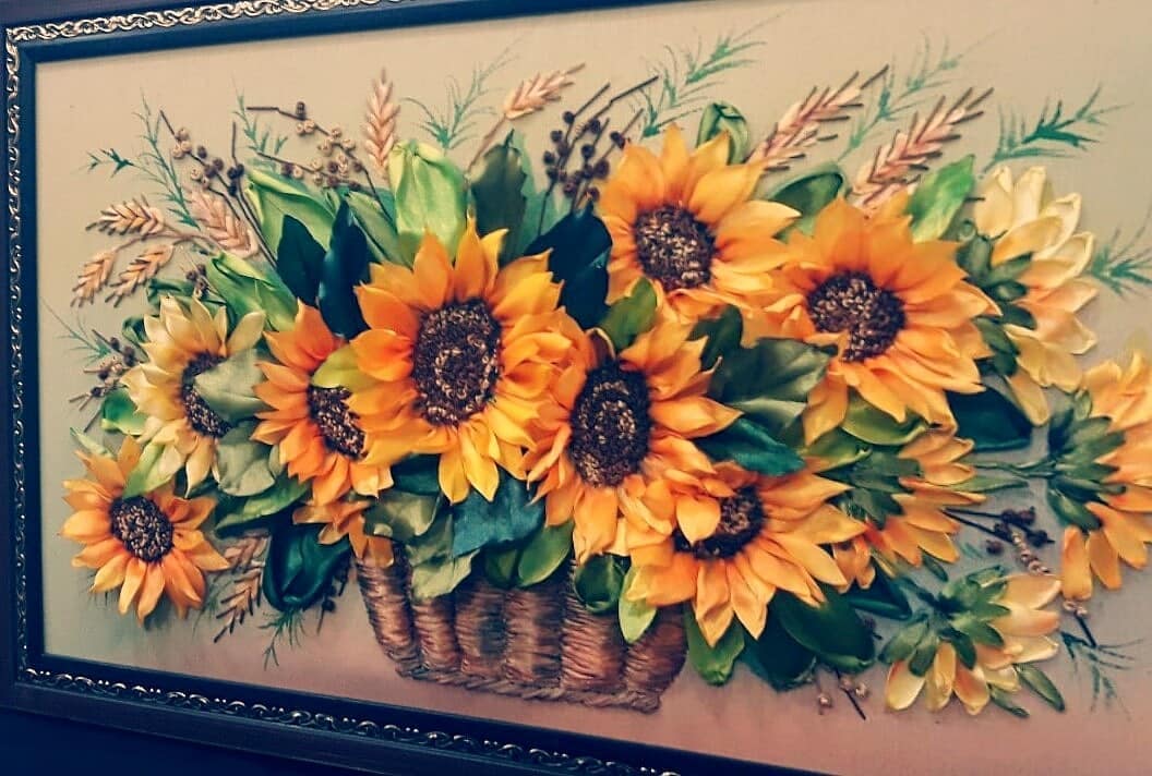 Sunflower Bouquet — Framed Ribbon Embroidery by Vladimir Lushnikoof