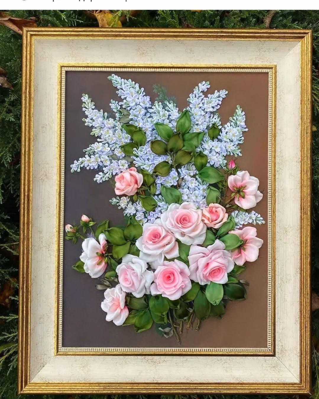 Pink Roses & Lilac Ribbon Embroidery — Framed Floral Panel by Vladimir Lushnikoof