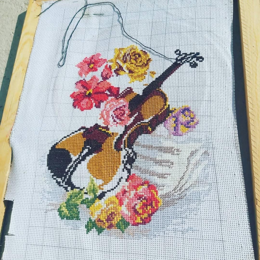 Violin & Roses — Framed Cross-Stitch Art by Vladimir Lushnikoof - Image 2