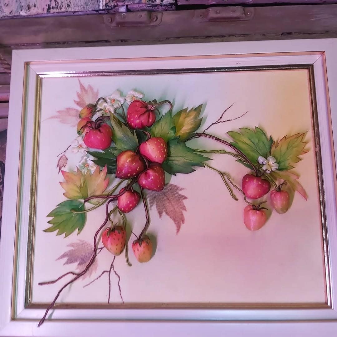 Strawberries Ribbon Embroidery — Framed Wall Art by Vladimir Lushnikoof