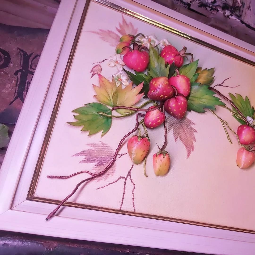 Strawberries Ribbon Embroidery — Framed Wall Art by Vladimir Lushnikoof - Image 2