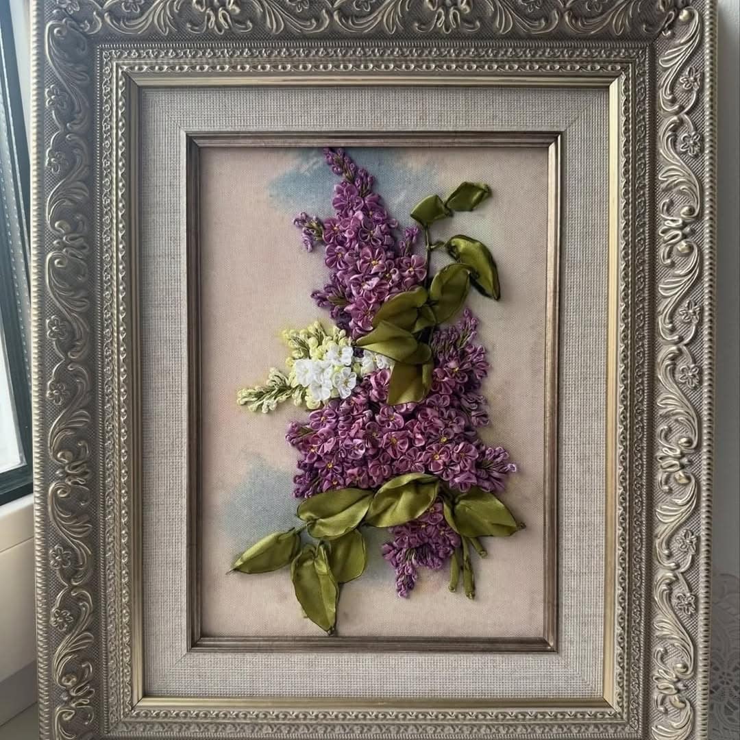 Lilac Ribbon Embroidery — Framed Floral Panel by Vladimir Lushnikoof