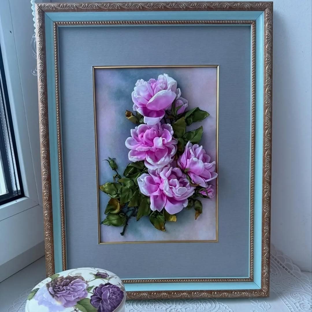 Pink Peonies Ribbon Embroidery — Framed Floral Panel by Vladimir Lushnikoof
