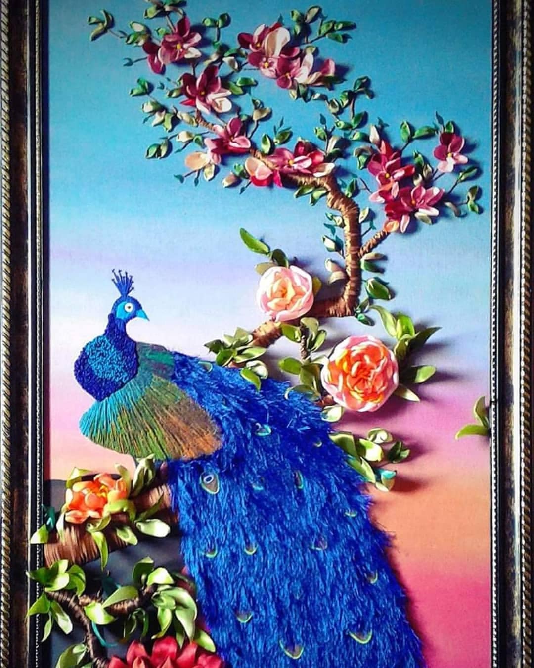 Peacock & Blossoms — Framed Ribbon Embroidery by Vladimir Lushnikoof