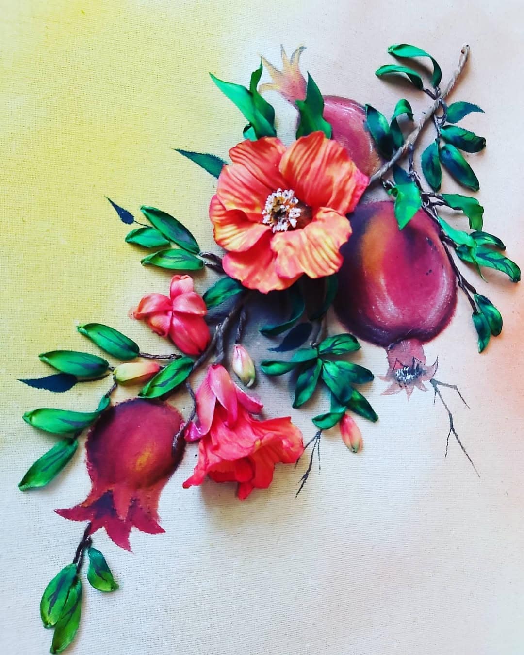Pomegranates & Coral Blossoms — Framed Ribbon Embroidery by Vladimir Lushnikoof - Image 3