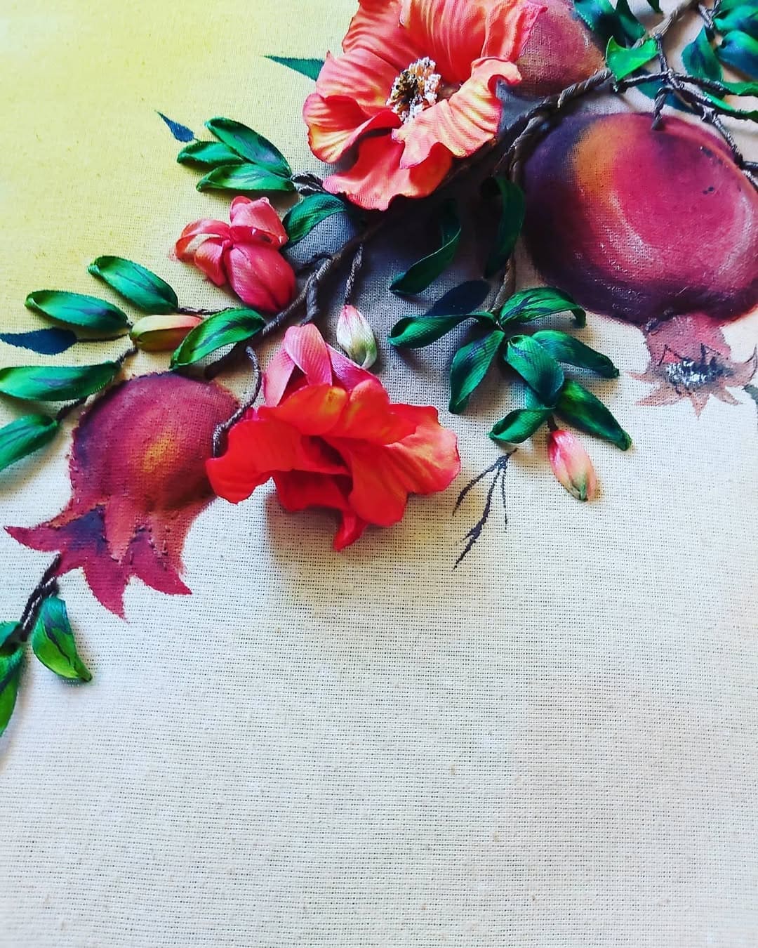 Pomegranates & Coral Blossoms — Framed Ribbon Embroidery by Vladimir Lushnikoof - Image 2