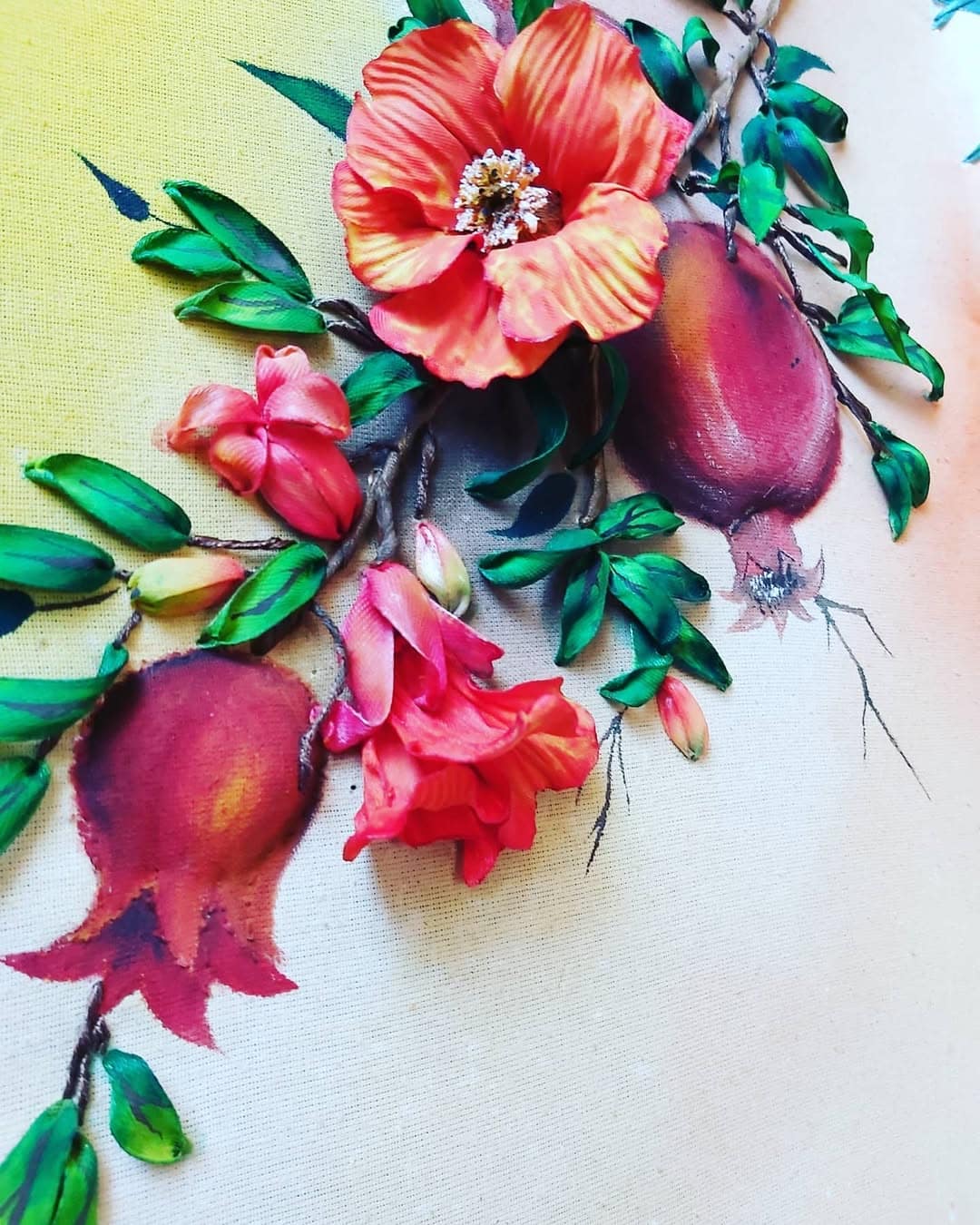 Pomegranates & Coral Blossoms — Framed Ribbon Embroidery by Vladimir Lushnikoof