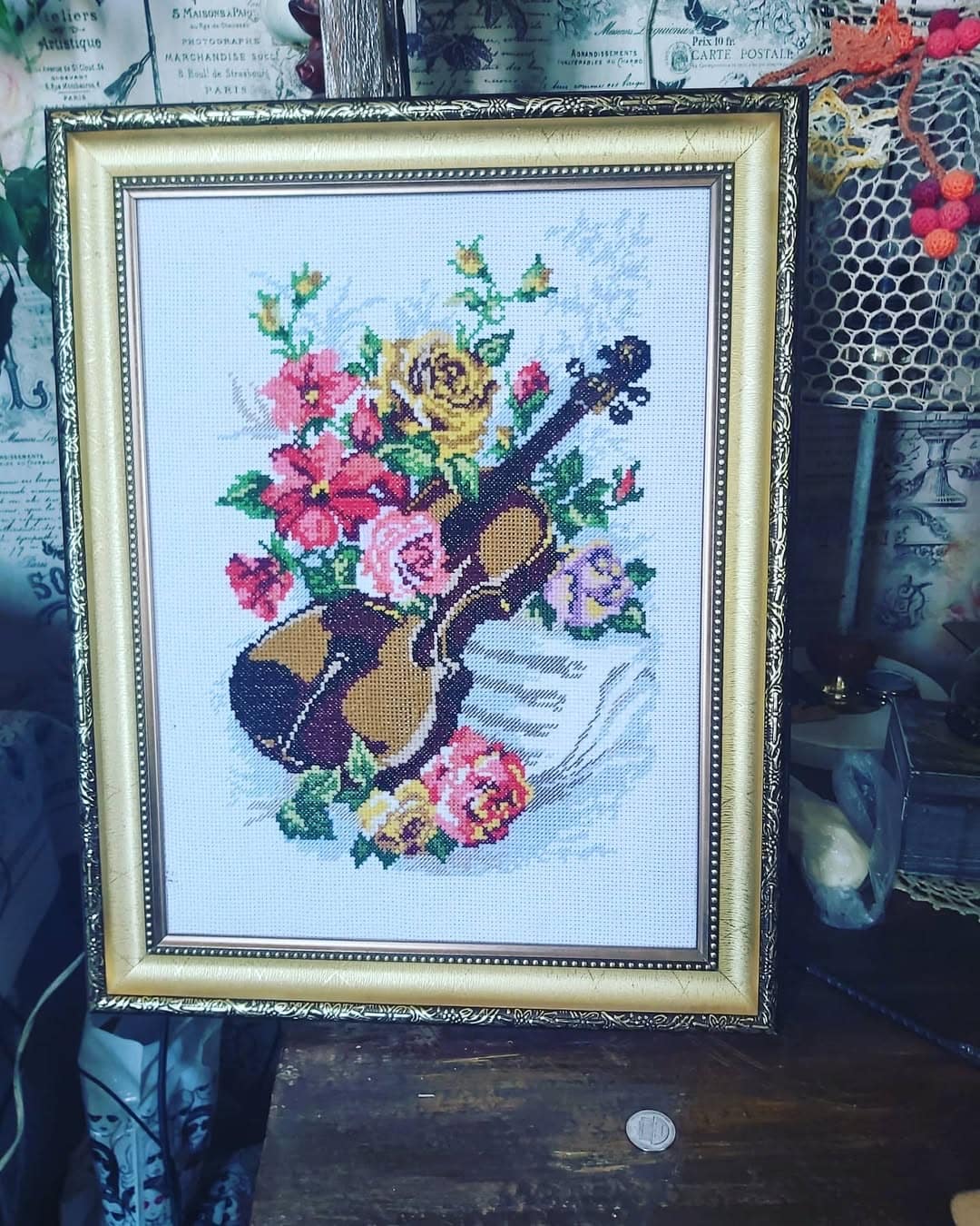 Violin & Roses — Framed Cross-Stitch Art by Vladimir Lushnikoof