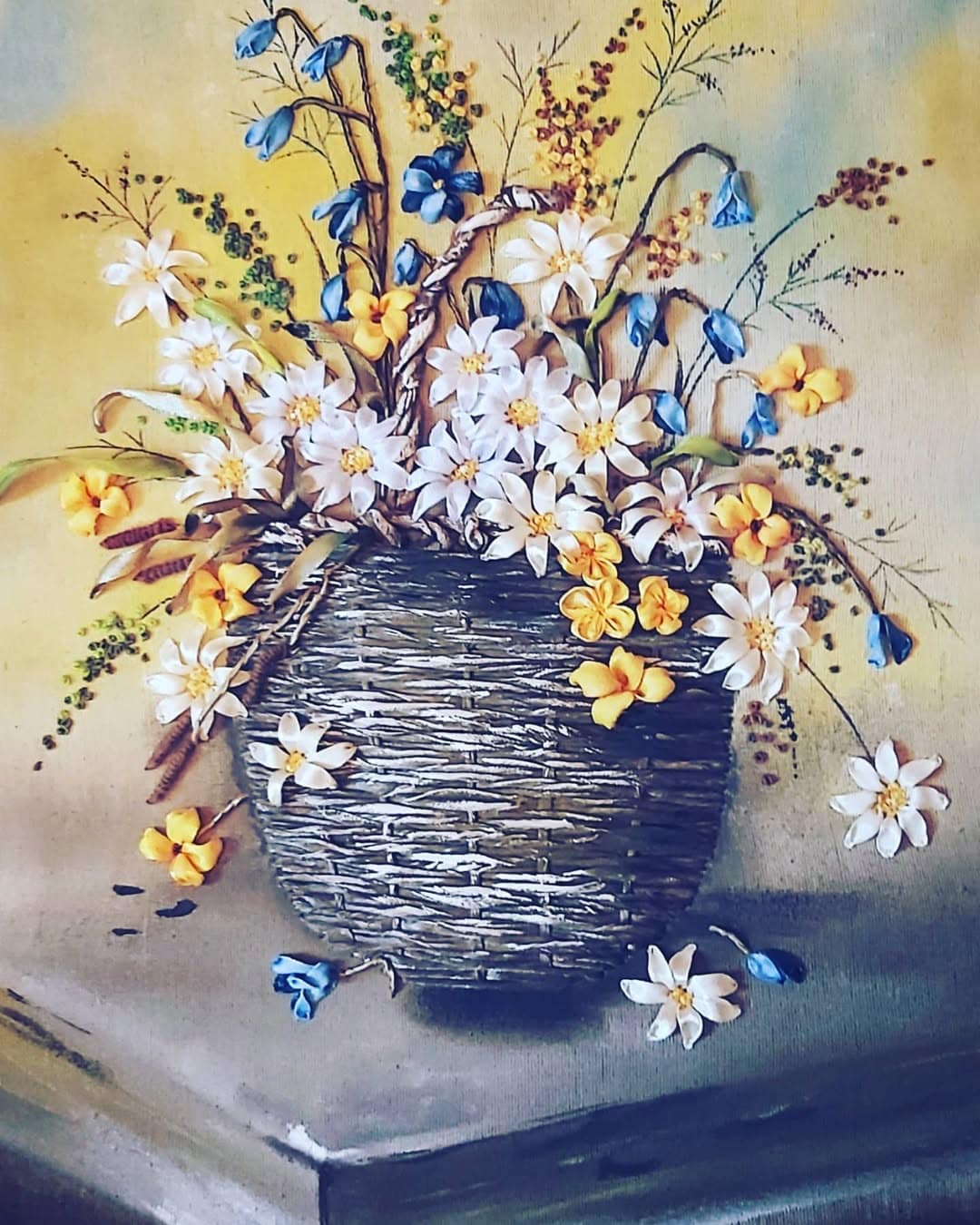 Daisies & Wildflowers — Basket Ribbon Embroidery (Framed) by Vladimir Lushnikoof