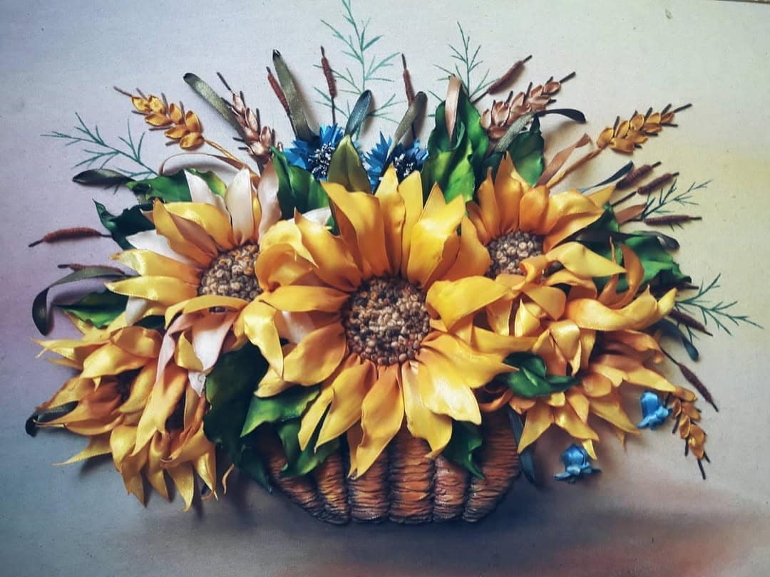 Sunflower Basket — Framed Ribbon Embroidery by Vladimir Lushnikoof
