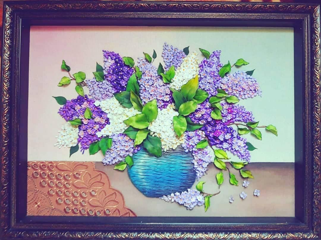 Lilac Bouquet in Blue Vase — Framed Ribbon Embroidery by Vladimir Lushnikoof