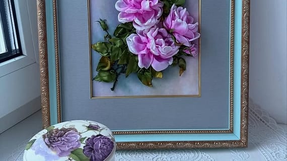 Розовые пионы — вышивка лентами в раме, флористическое панно от Vladimir Lushnikoof