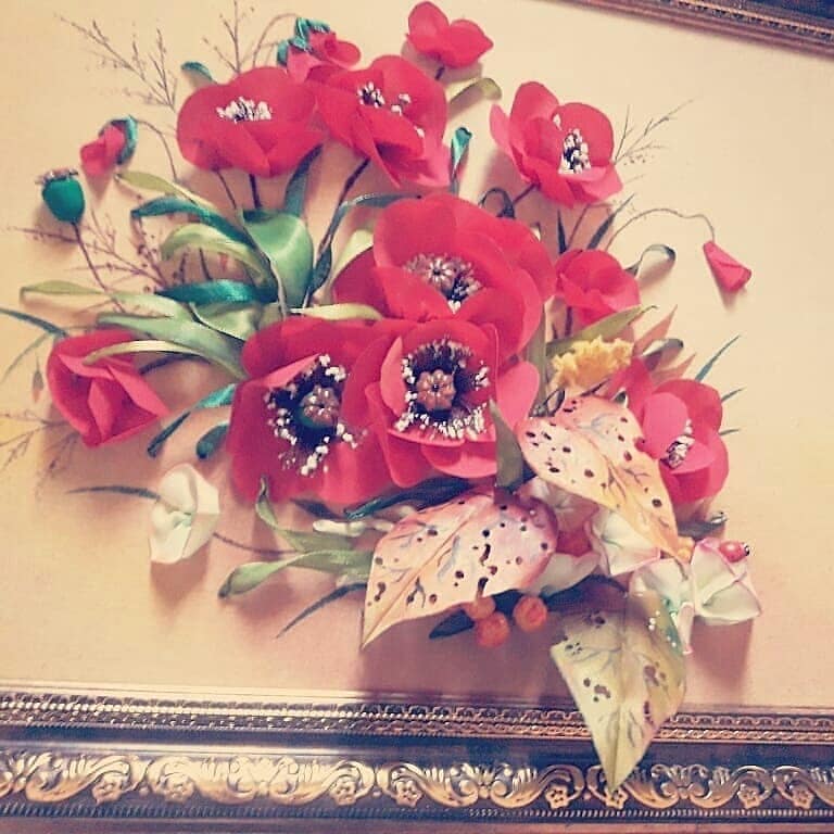 Red Poppies Ribbon Embroidery — Framed Floral Panel by Vladimir Lushnikoof